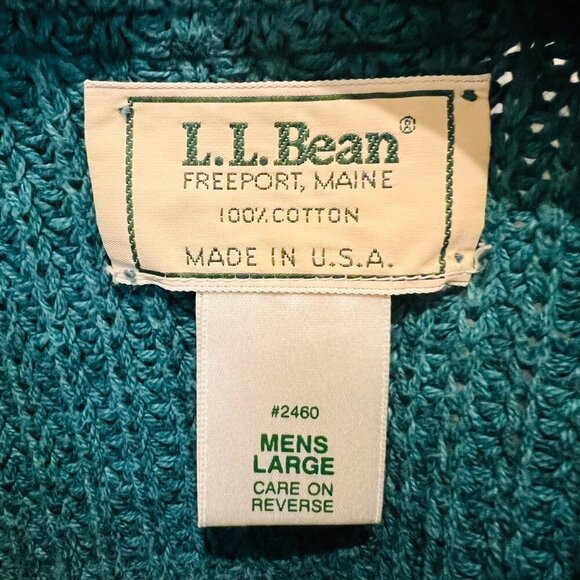 LL BEAN Sweater Heavy Cable Knit Jumper Pullover Cotton Green USA VTG Size L - Picture 3 of 16
